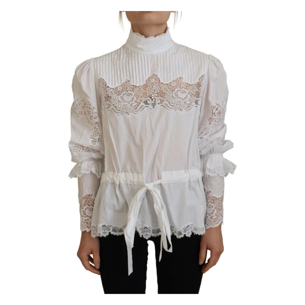 Dolce & Gabbana Women's White Blouses, S, Dolce Gabbana Cotton Lace Trim Turtle Neck Blouse Top