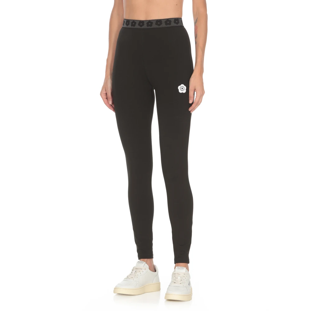 Kenzo Zwarte Katoenen Broek Elastische Taille Logo Black Dames