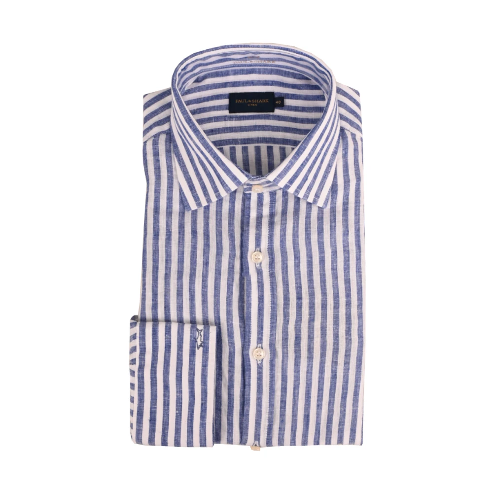 PAUL & SHARK Blauw Linnen Overhemd met Knoopsluiting en Geborduurd Logo Blue Heren