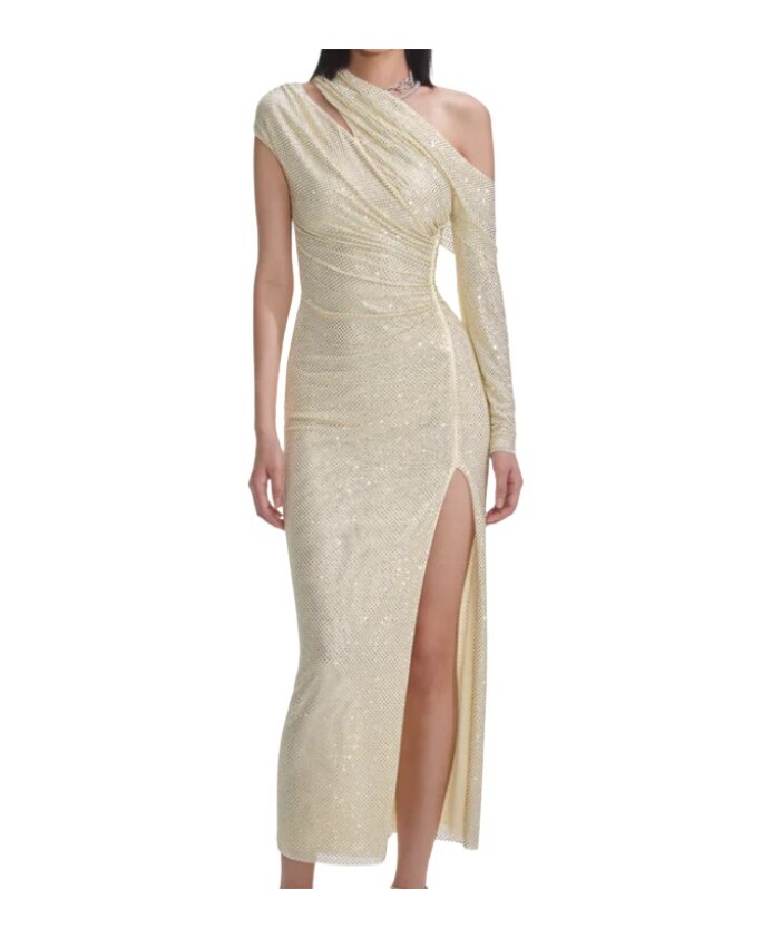 robe-midi-jaune-avec-strass-et-fente-laterale