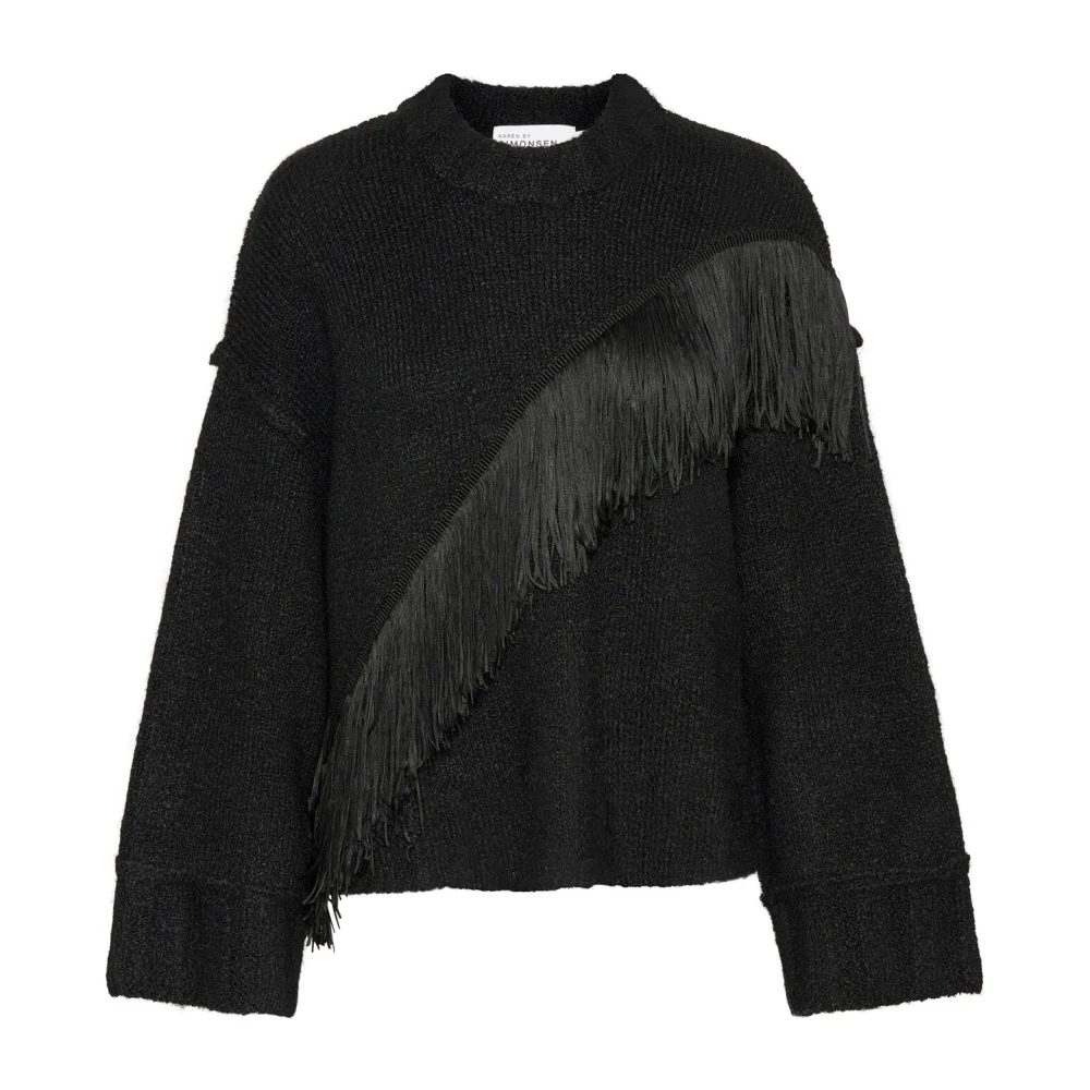Karen by Simonsen Fringe Detail Gebreide Trui Meteoriet Black Dames