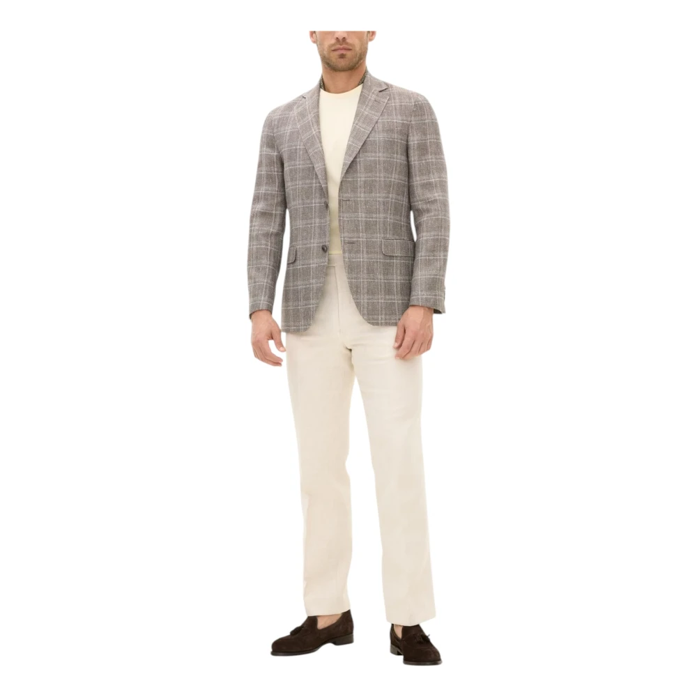 Oscar Jacobson Beige Geruit Gestreepte Blazer Regular Fit Gray Heren