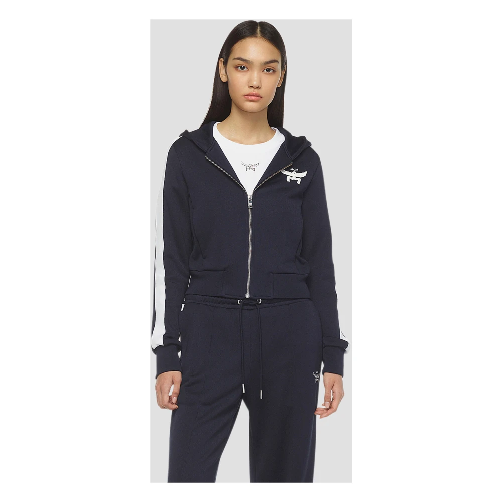 MCM Hoodie Essential van badstof met rits en logo Blue Dames