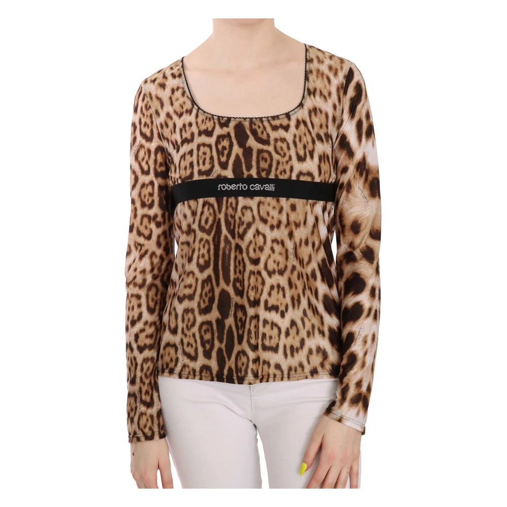 Roberto Cavalli Women's Brown Long Sleeve T-Shirts, Xl, Elegant Leopard Top With Long Sleeves
