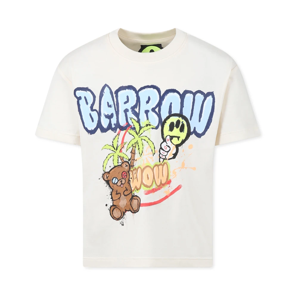 Barrow Beige Ivory Cotton T-Shirt With Smiley Print - Unisex - Kids Short Sleeve T-Shirts - 14 Y - Kids