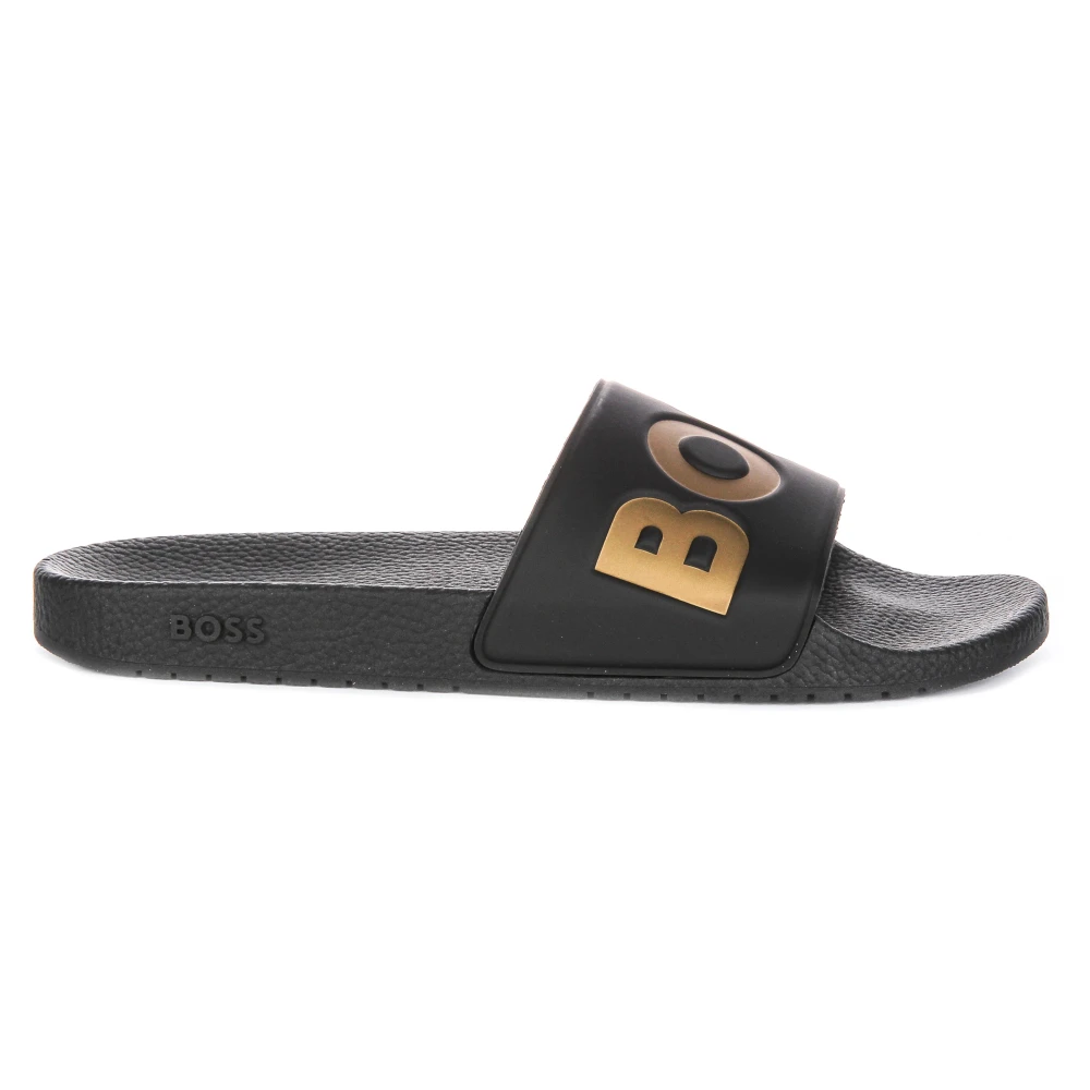 Hugo Men's Black Sliders, 9 Uk, Gold Slide Sandals