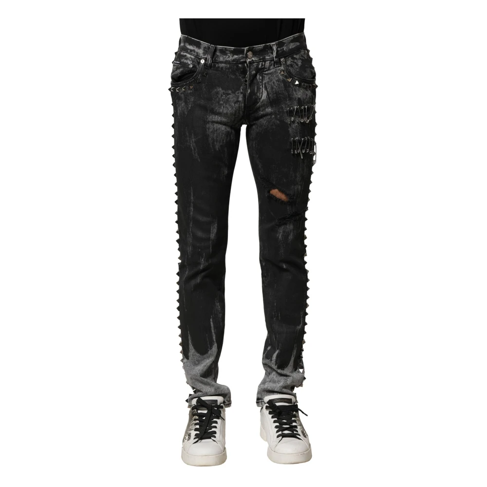 Dolce & Gabbana Men's Black Slim Fit Jeans, Xl, Washed Embellished Skinny Denim Jeans