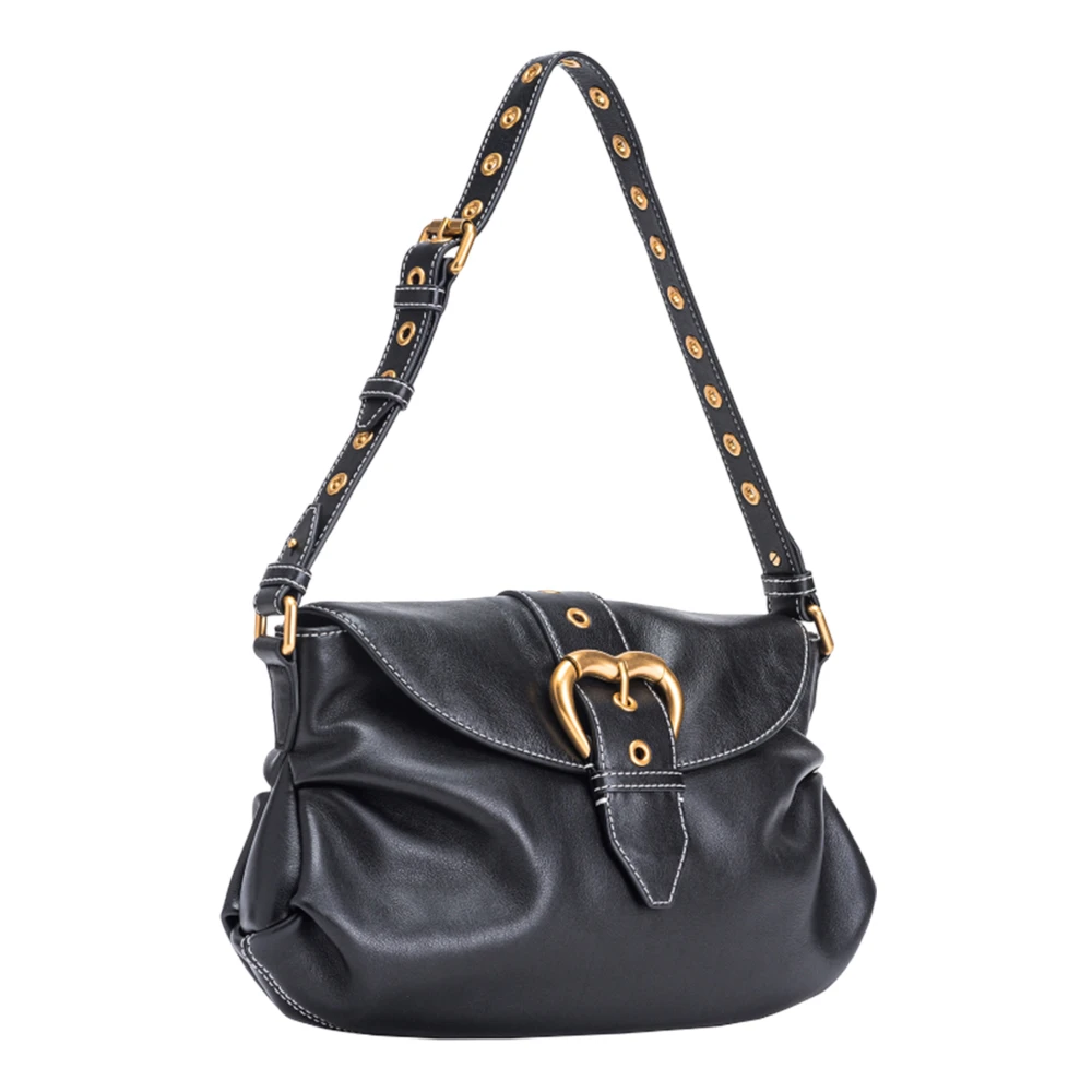 pinko Kristallen leren schoudertas met hartvormige metalen gesp Black Dames