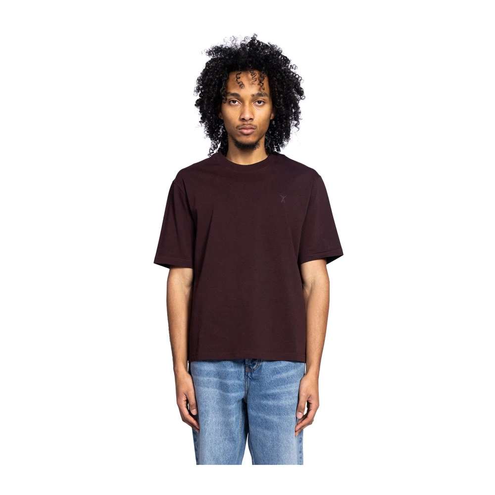 Ami Paris Tonal Eggplant Boxy Tee Shirt Red Heren