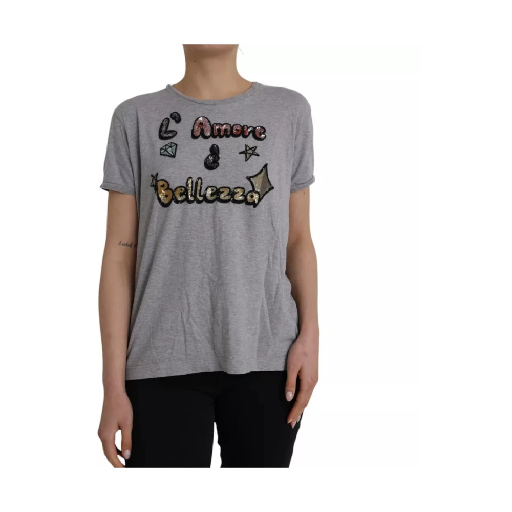 Dolce & Gabbana , T-Shirts, Female, Gray, Xs, Sequined Cotton T-Shirt With Embellishments - Image 3