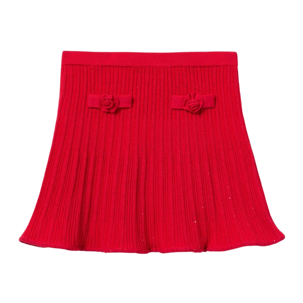 Self Portrait Women's Red Ribbed Knit Fla Skirt