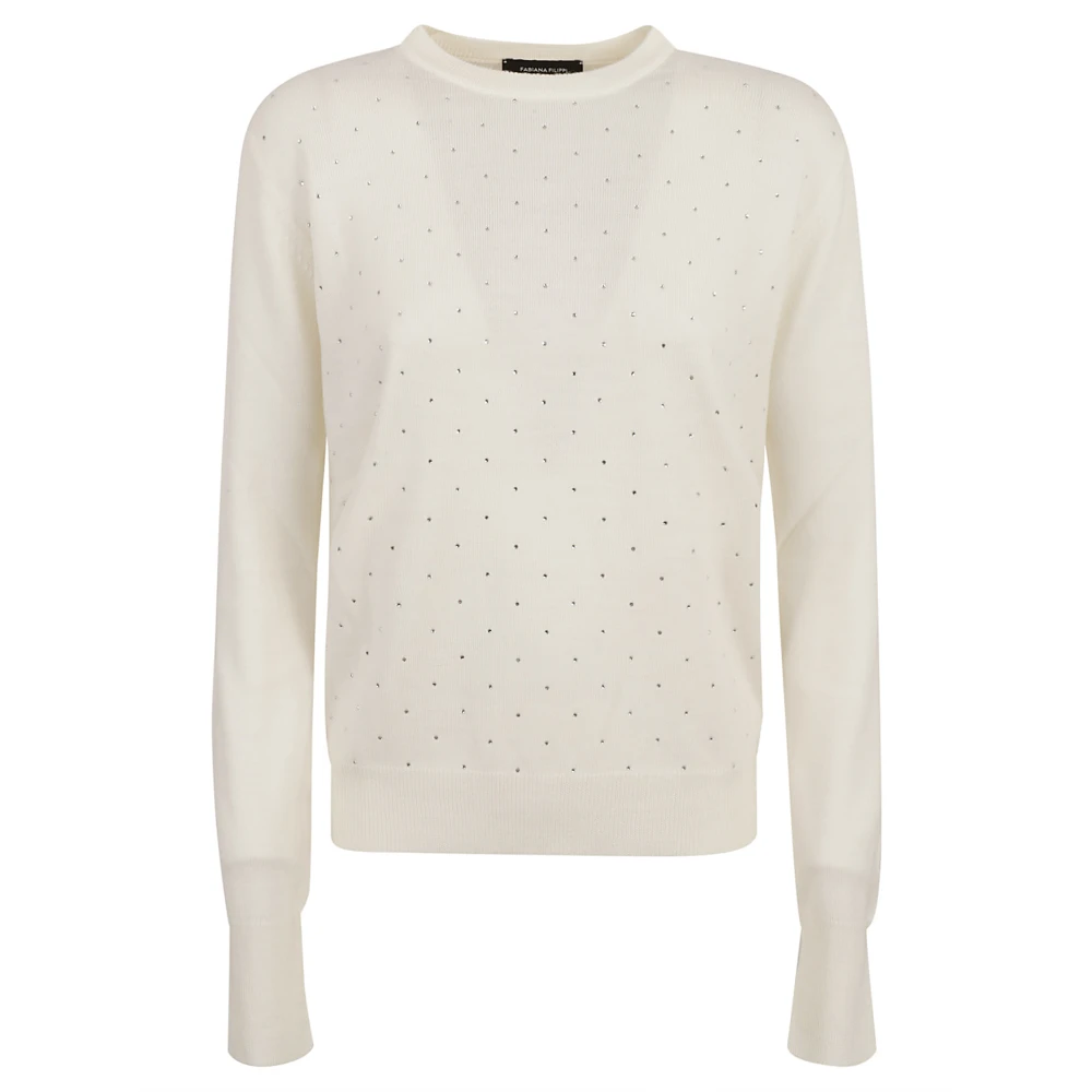 Hvit Crew Neck Sweater med Strass