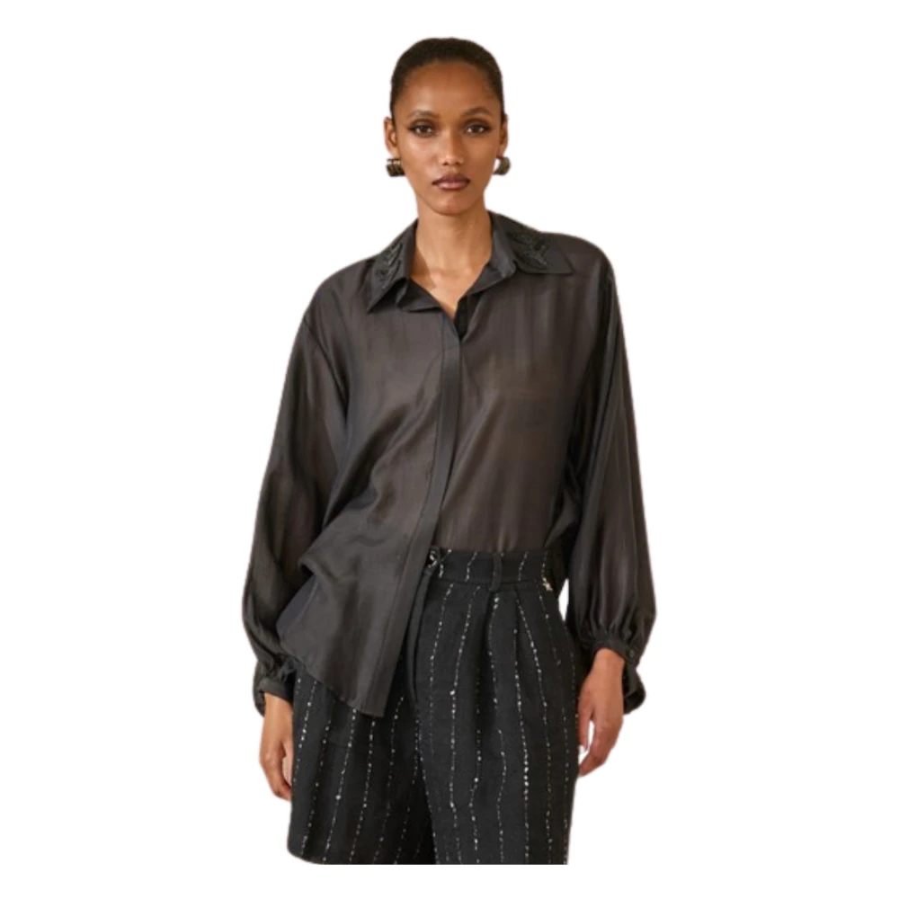 Souvenir Women's Black Sheer Fabric Shirt With Beaded Collar - Shirts - L - Blouses & Shirts