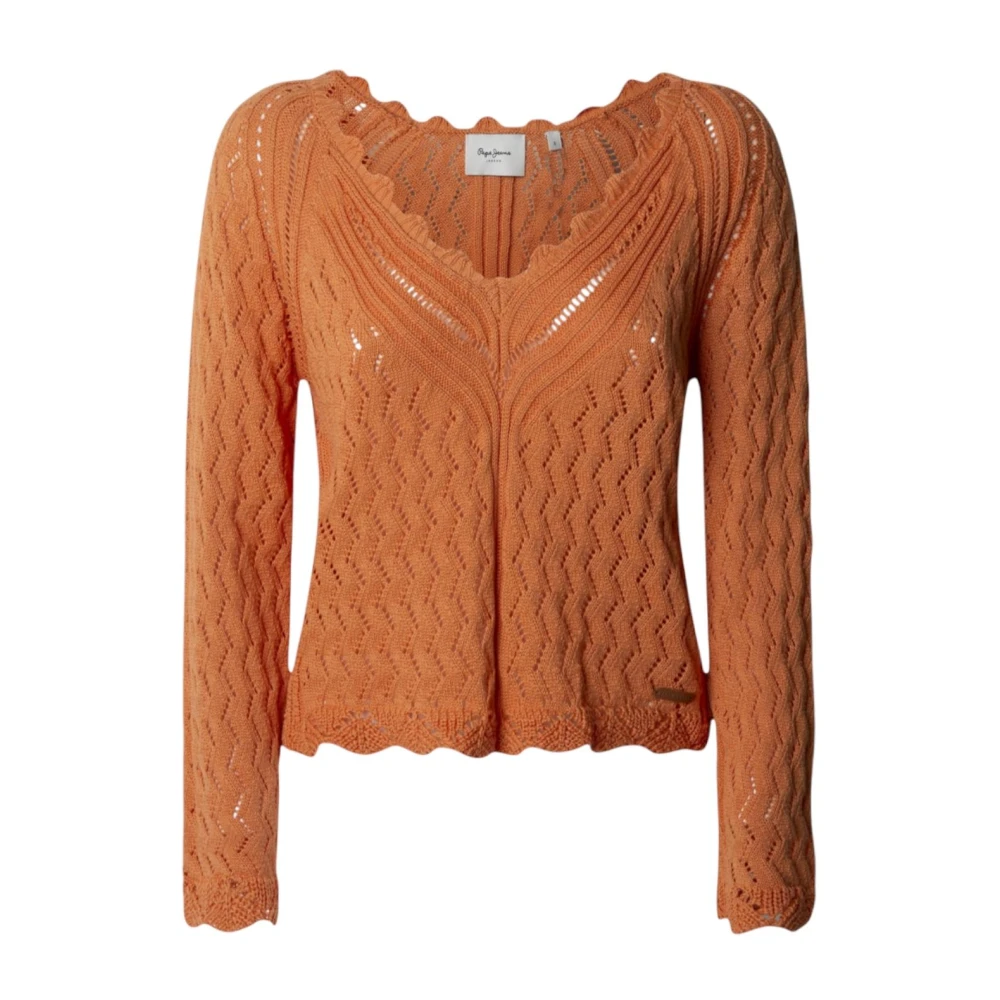 Pepe Jeans Women's Orange V-Neck Knitwear, M, Washed Relaxed Fit Jumper