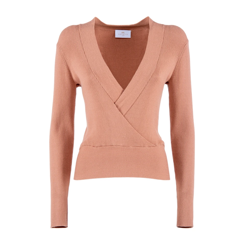 Nenette Bruine Sweater Kruis V-Hals Geribbeld Brown Dames