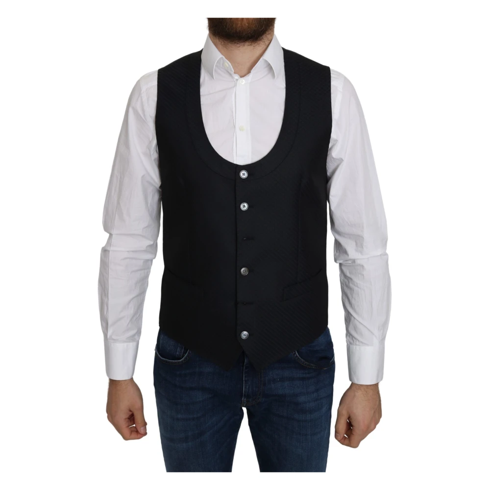 Dolce & Gabbana Men's Black Waistcoats, S, Elegant Blue Silk-Blend Formal Vest