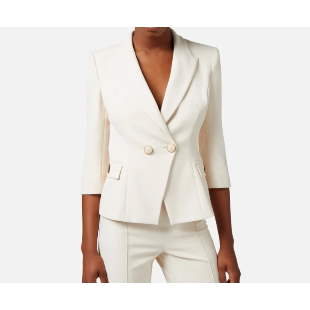 Elisabetta Franchi Dubbelrijige jas van dubbel crepe met voorflapzakken en gouden metalen logoplaquette White Dames
