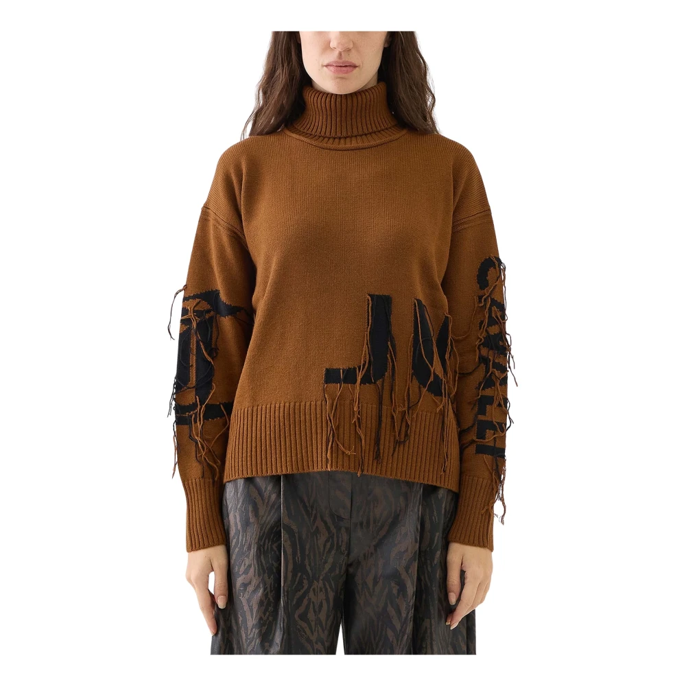 Just Cavalli Logo Fringe Trui Tabak Zwart Brown Dames