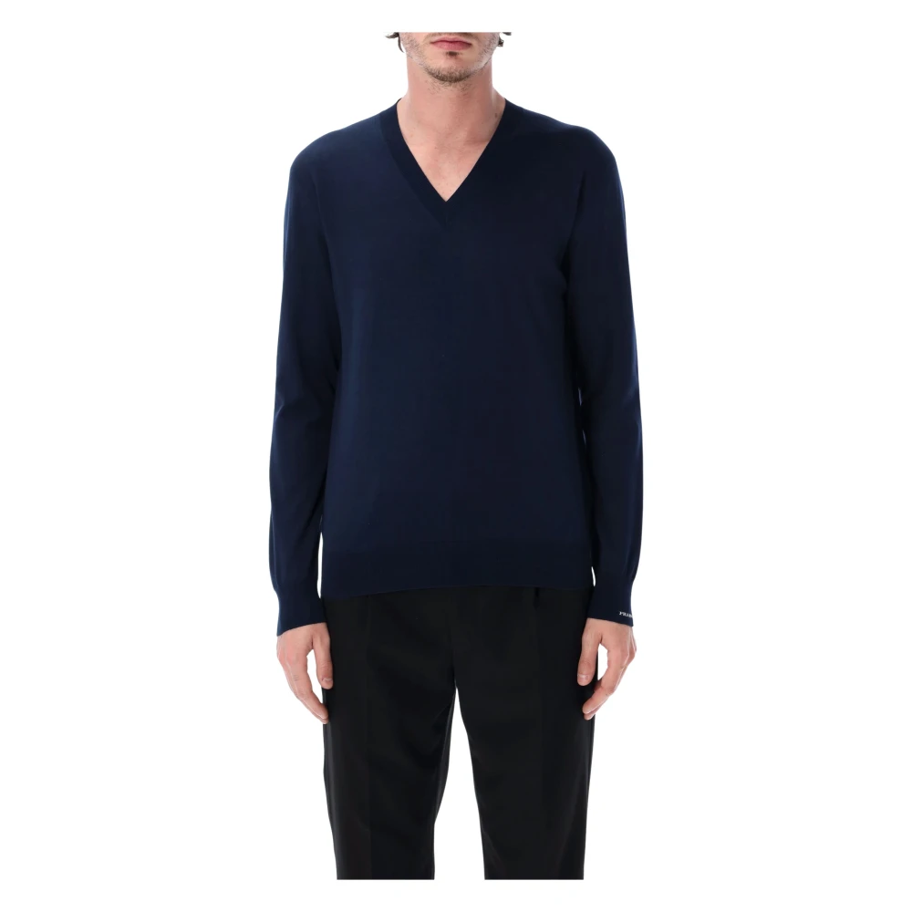 Prada V Neck Knit Cotton - Male - V-Neck Knitwear - Blue - L - Knitwear