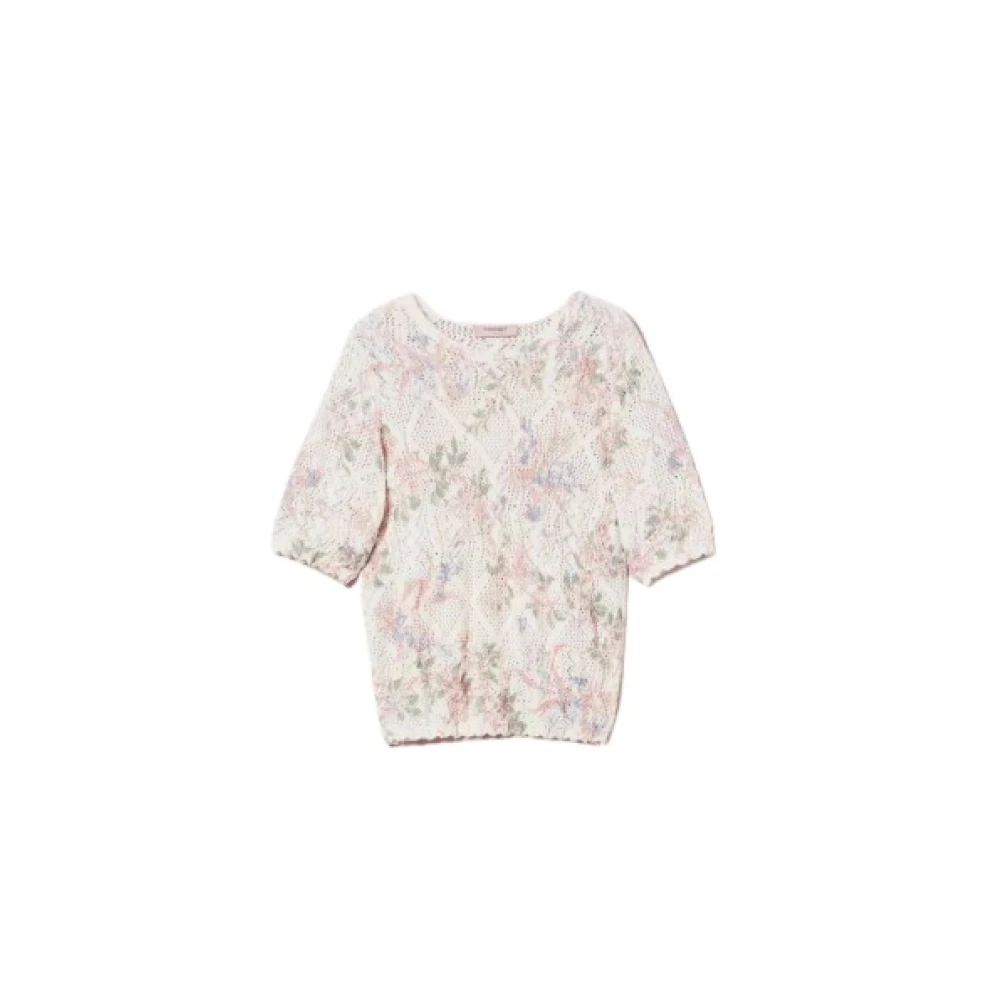 Twinset Women's Multicolor Round-Neck Knitwear, M, Floral Knit Jumper With Short Sleeves