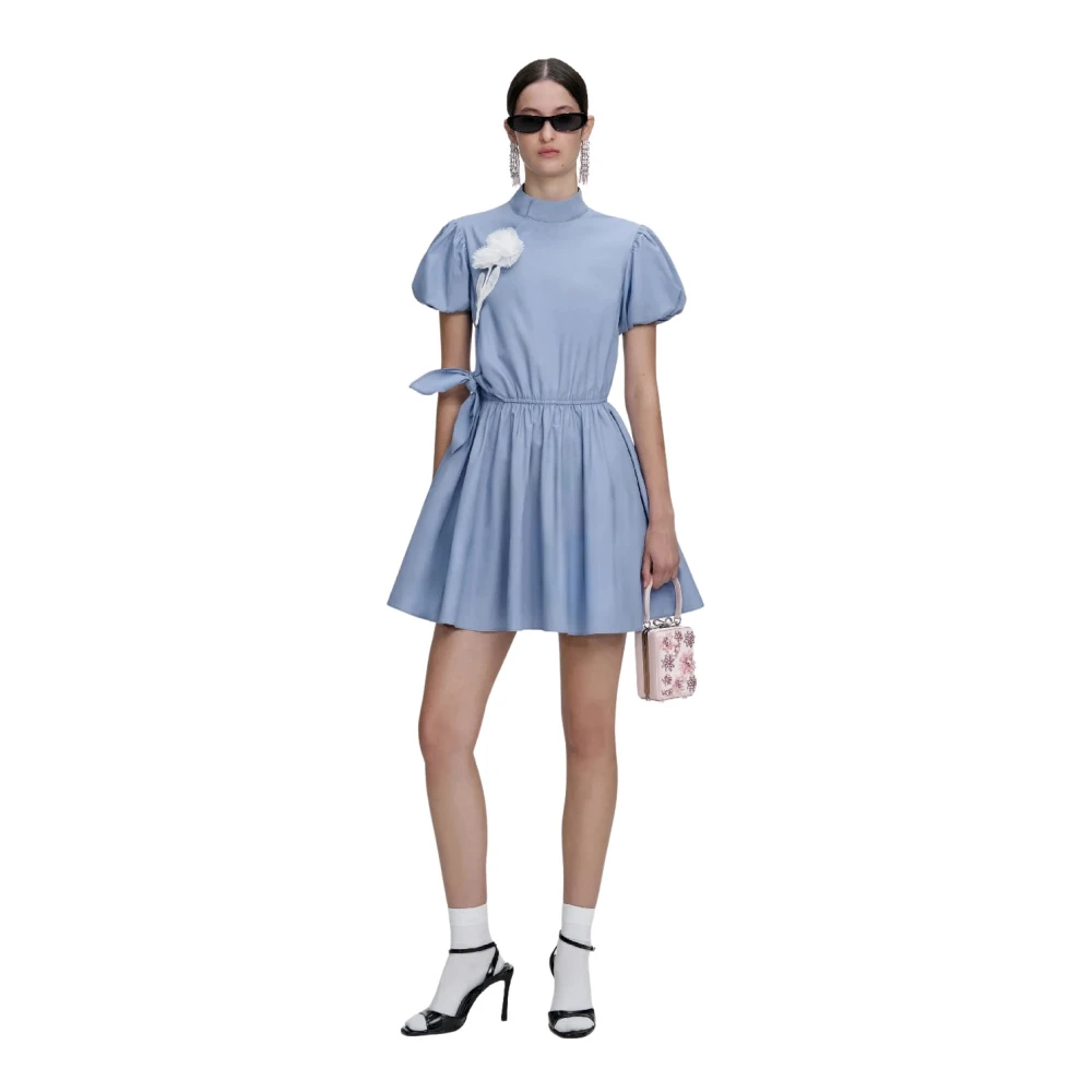 Self Portrait Women's Blue Short Dresses, Xs, Cotton Tie Side Mini Dress