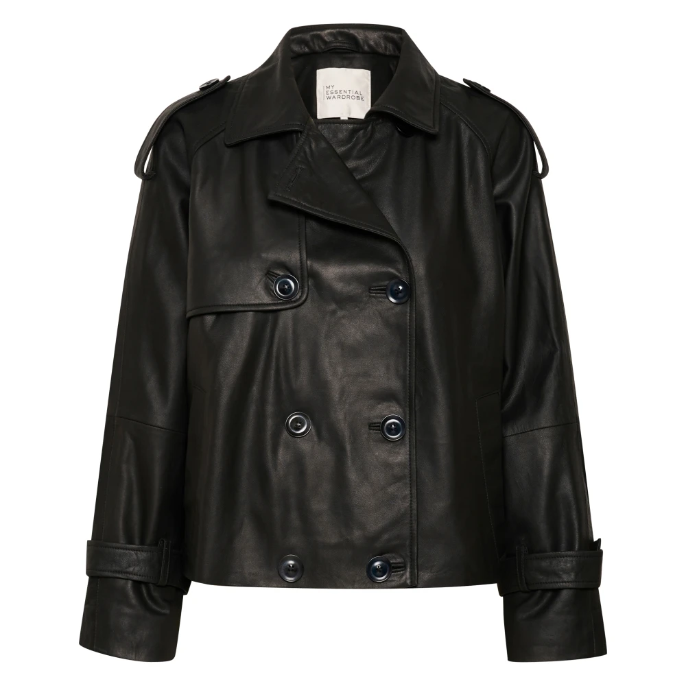 My Essential Wardrobe Zwarte Leren Trenchcoat met Schouderdetails Black Dames