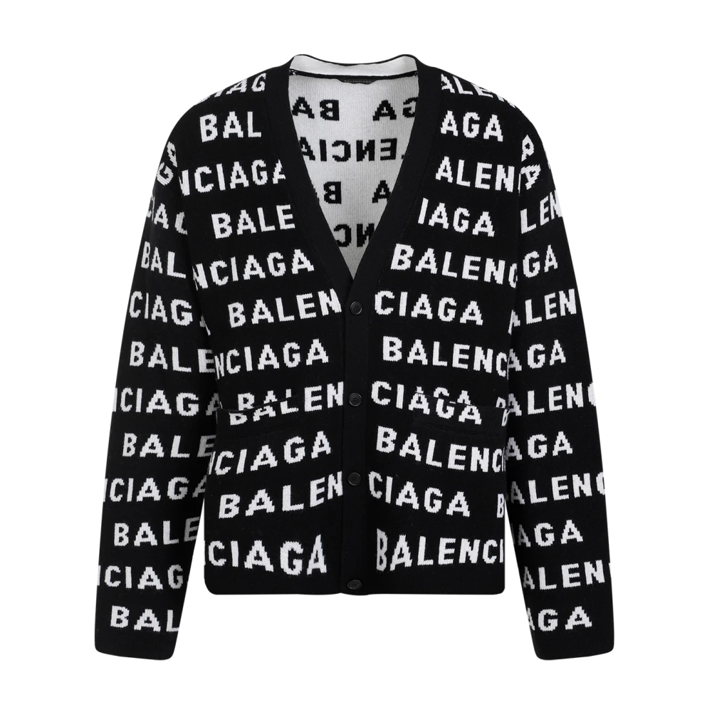 Balenciaga Zwarte Wol V-Hals Cardigan Sweater Black Heren