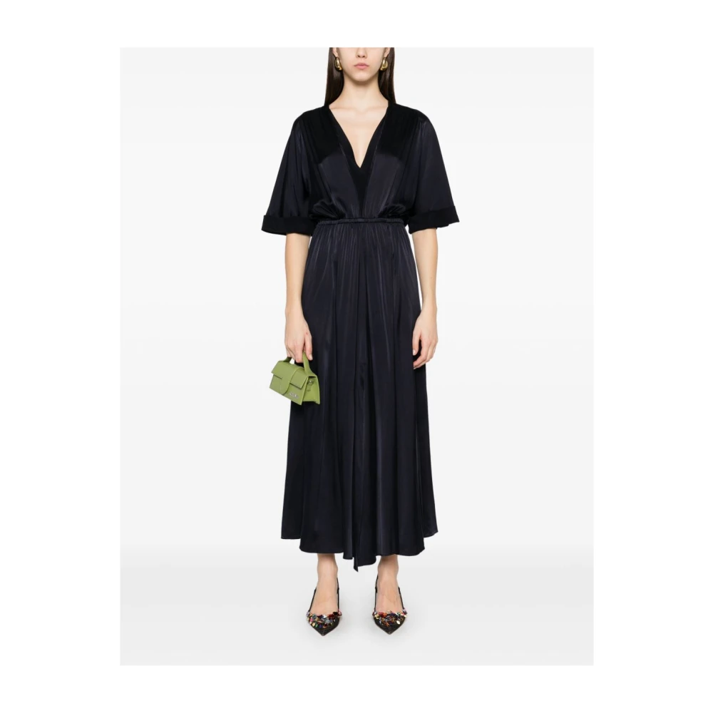 Forte Blauwe V-hals Jurk met Elastische Tailleband Blue Dames