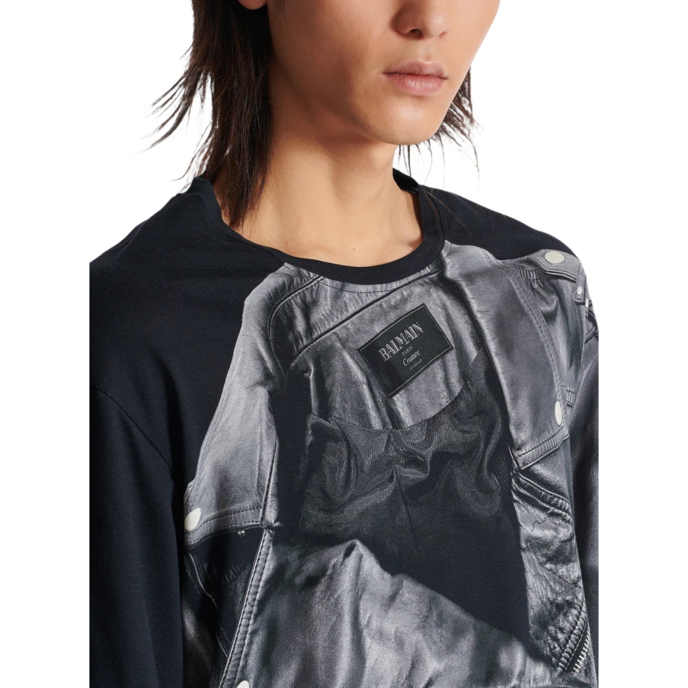 Balmain Leather Trompe L`Œil LS T-Shirt Black Heren
