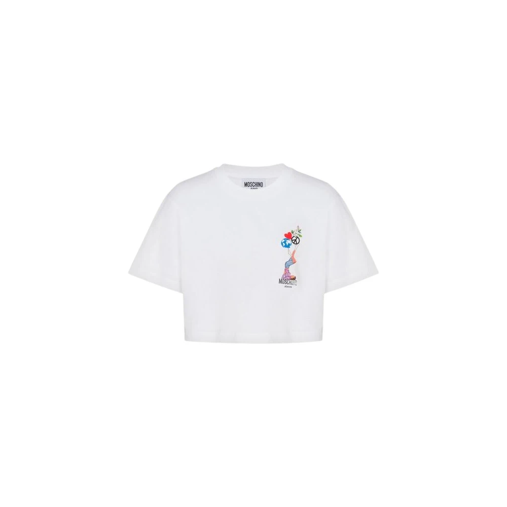 Moschino Women's White T-Shirts, Xs, Printed Cotton Jersey Crop Top