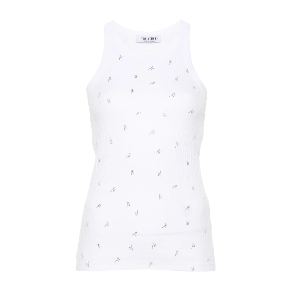 The Attico Women's White Sleeveless Tops, M, Tank Top With Rhinestone Logo