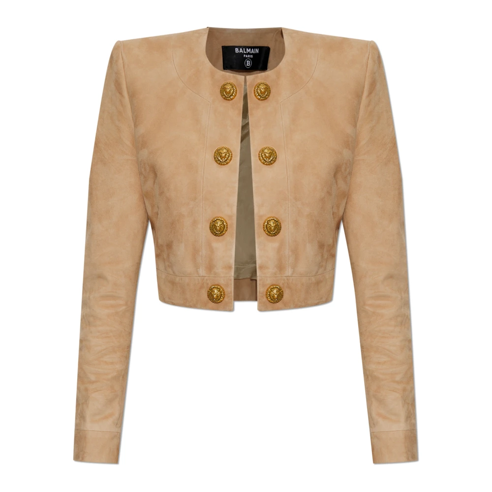 Balmain Beige Cropped Suede Leather Jacket - Female - Leather Jackets - S - Jackets