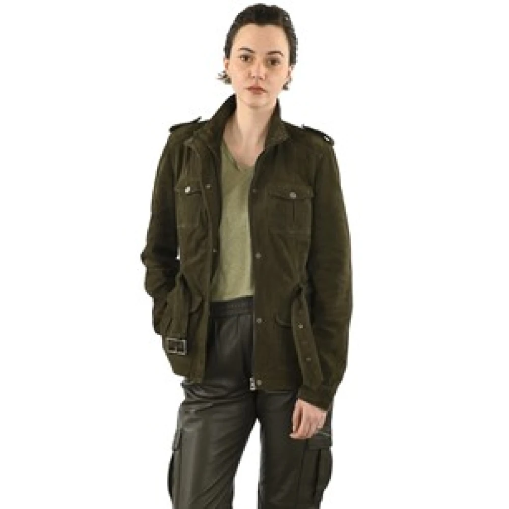 La Canadienne Fluweel khaki leren safari jas Green Dames