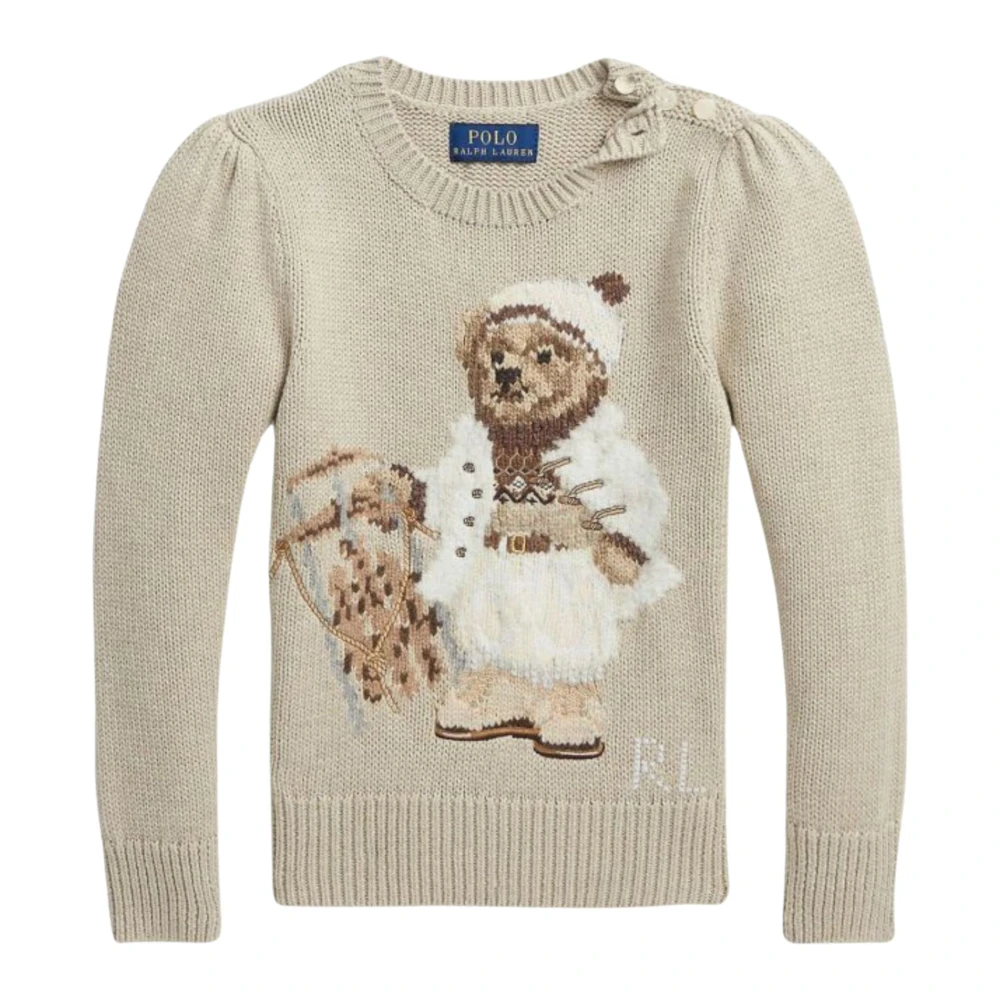 Ralph Lauren Beige Stickad Tröja Björn Broderi Beige, Flicka