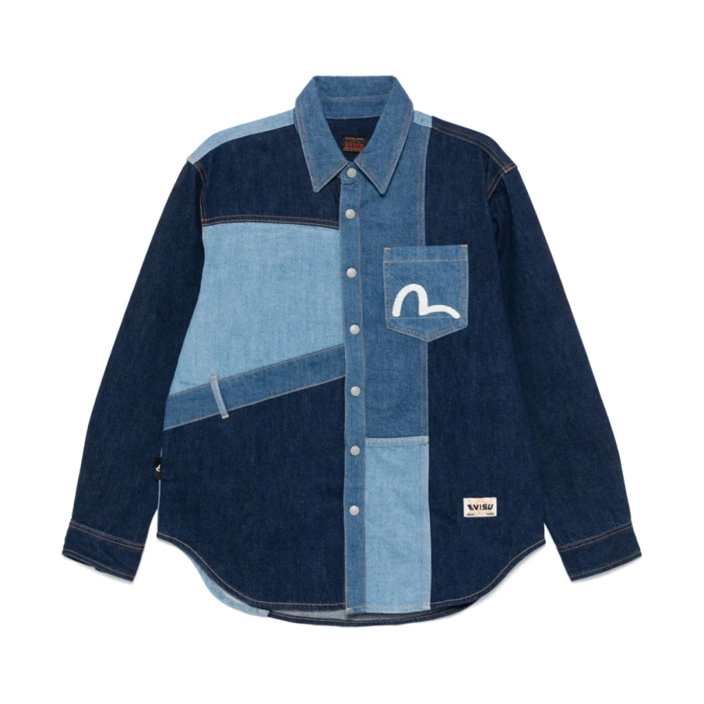 Evisu Men's Blue Denim Shirts,, Indigo Denim Jacket Regular Fit Large