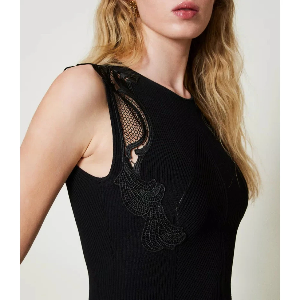 Twinset Lange Gebreide Jurk met Kant Detail Black Dames