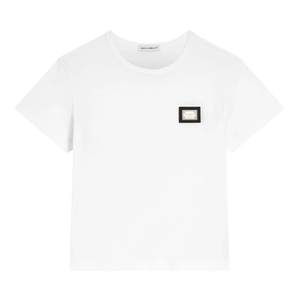 Dolce & Gabbana White Kids Short Sleeve T-Shirts, Female, 10 Y, Jersey T-Shirt With Logo Plate