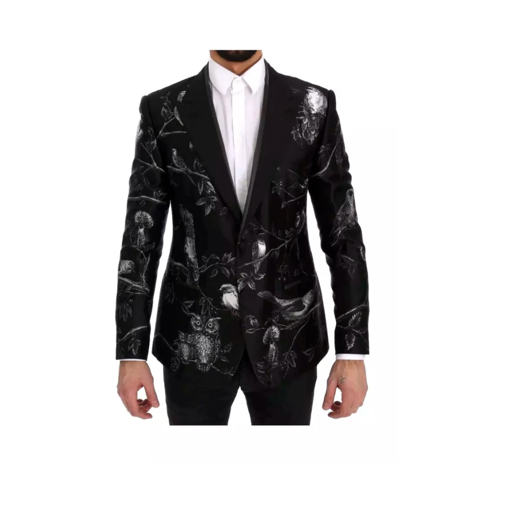 Dolce & Gabbana Klassieke Zwarte Zijden Blazer met Vogelprint Black Heren