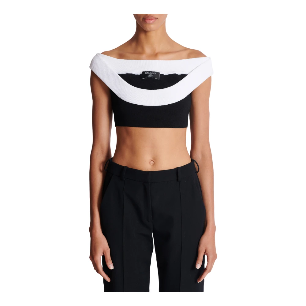 Balmain Tweekleurige gebreide cropped top met dubbele halslijn White Dames
