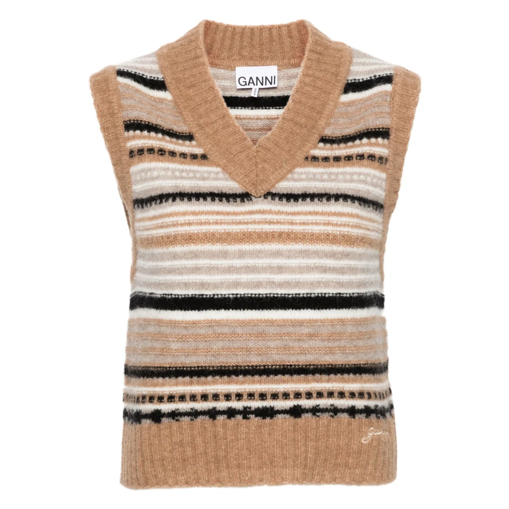 Ganni Geborduurd Logo V-Hals Mouwloze Trui Beige Dames