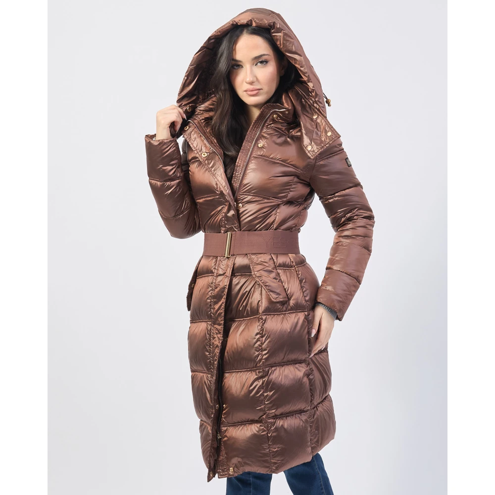 YES ZEE Bruine Gewatteerde Lange Jas met Capuchon Brown Dames