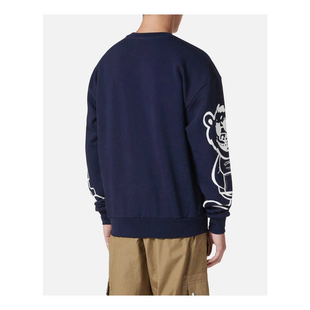 Iceberg Regular fit blauwe crewneck sweatshirt met beerprint en logoborduursel Blue Heren