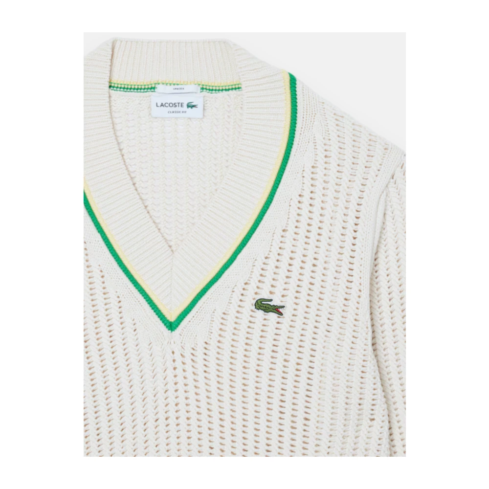 Lacoste Gestreepte V-hals Tennis Trui White Heren