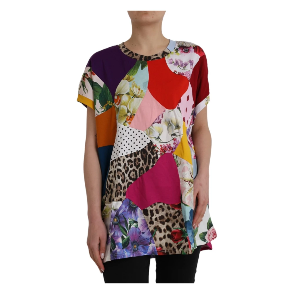 Dolce & Gabbana Women's Multicolor T-Shirts,, Patchwork Silk-Cotton Blouse Top Extra Small