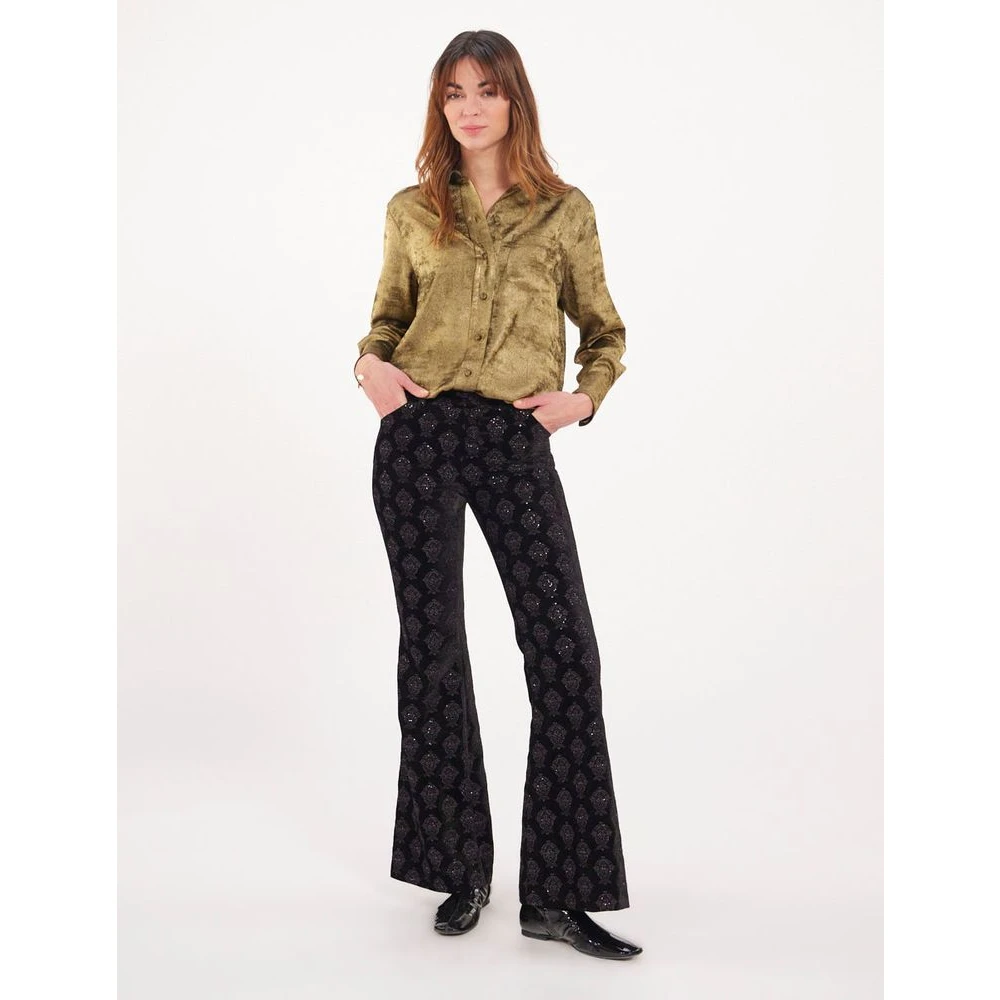 Ines De La Fressange Paris Zwarte Fluwelen Geborduurde Flare Broek Black Dames