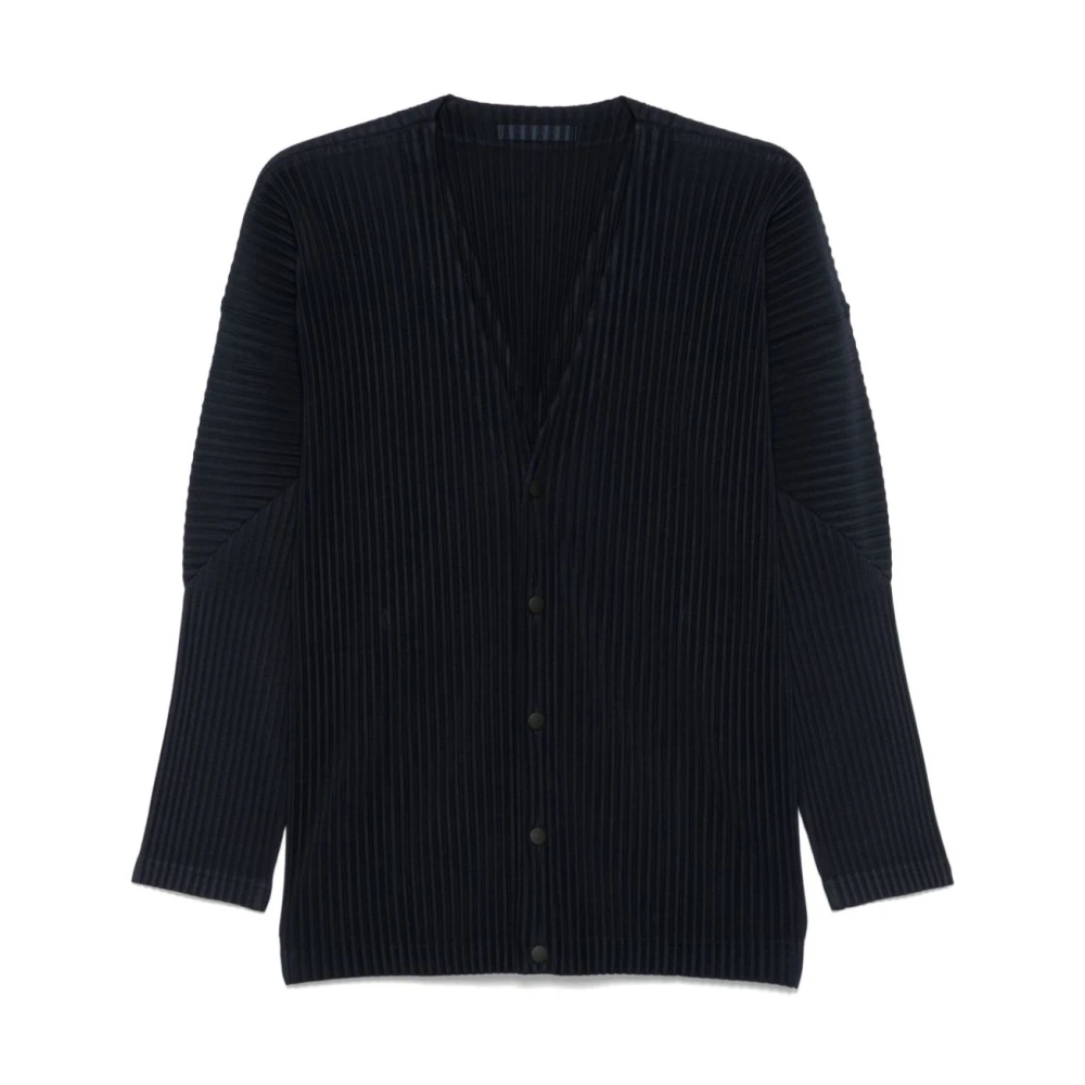 Issey Miyake Navy Blue Plissé V-Hals Sweater Blue Heren