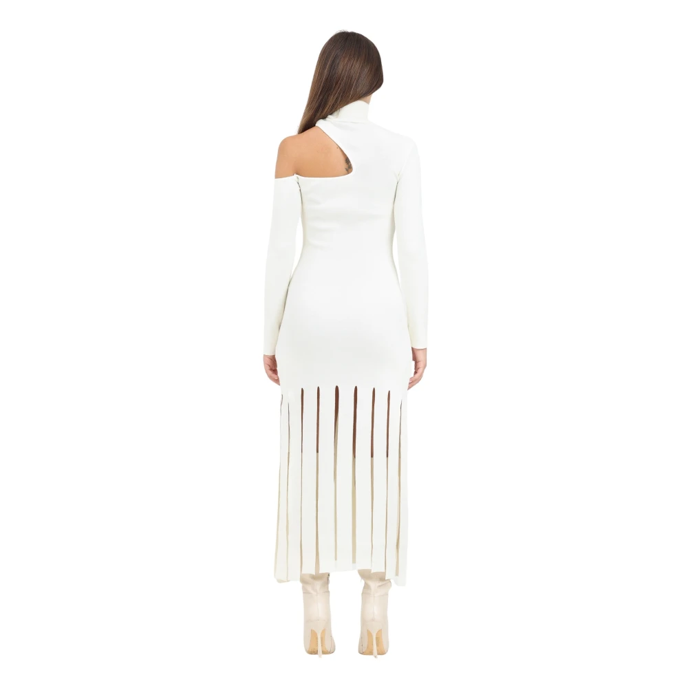Akep Crème Gebreide Midi Jurk met Schouder Cut Out en Franje Detail Beige Dames