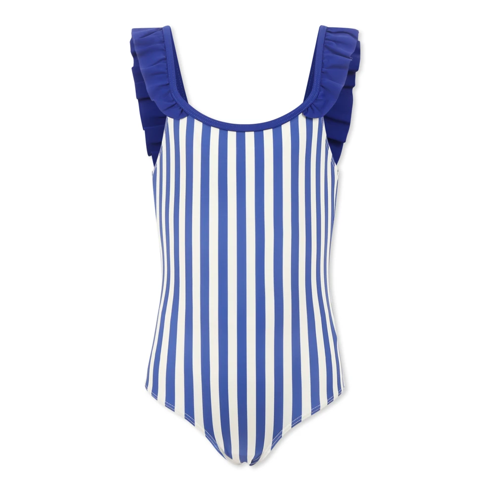 Petit Bateau Randig Fyrkantig Hals Ruffle Baddräkt Blue, Flicka