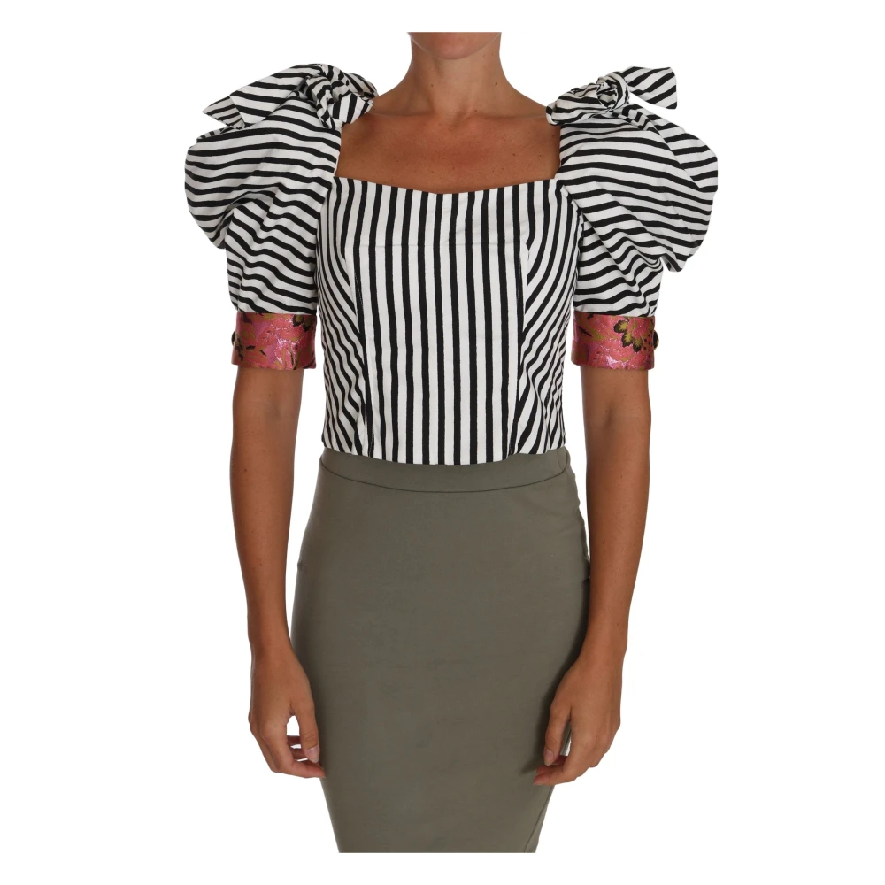 Dolce & Gabbana Womens White Black Striped Cropped Top Puff Sleeve Shirts - Multicolour Cotton - Size Medium - Image 3
