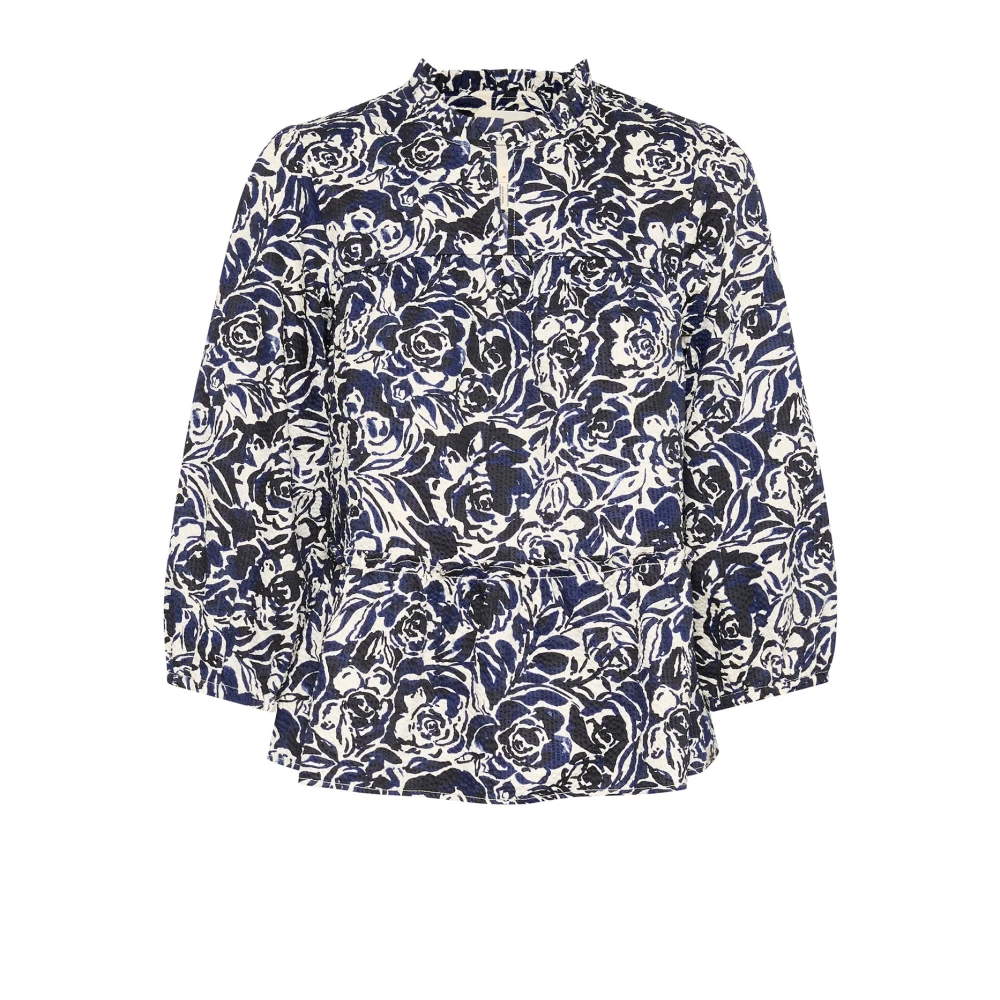 Part Two Navy Rose Print Blus med Volang Multicolor, Dam